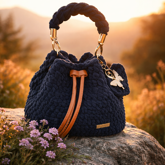 Handmade crochet bucket bag,lined,with handle & strap